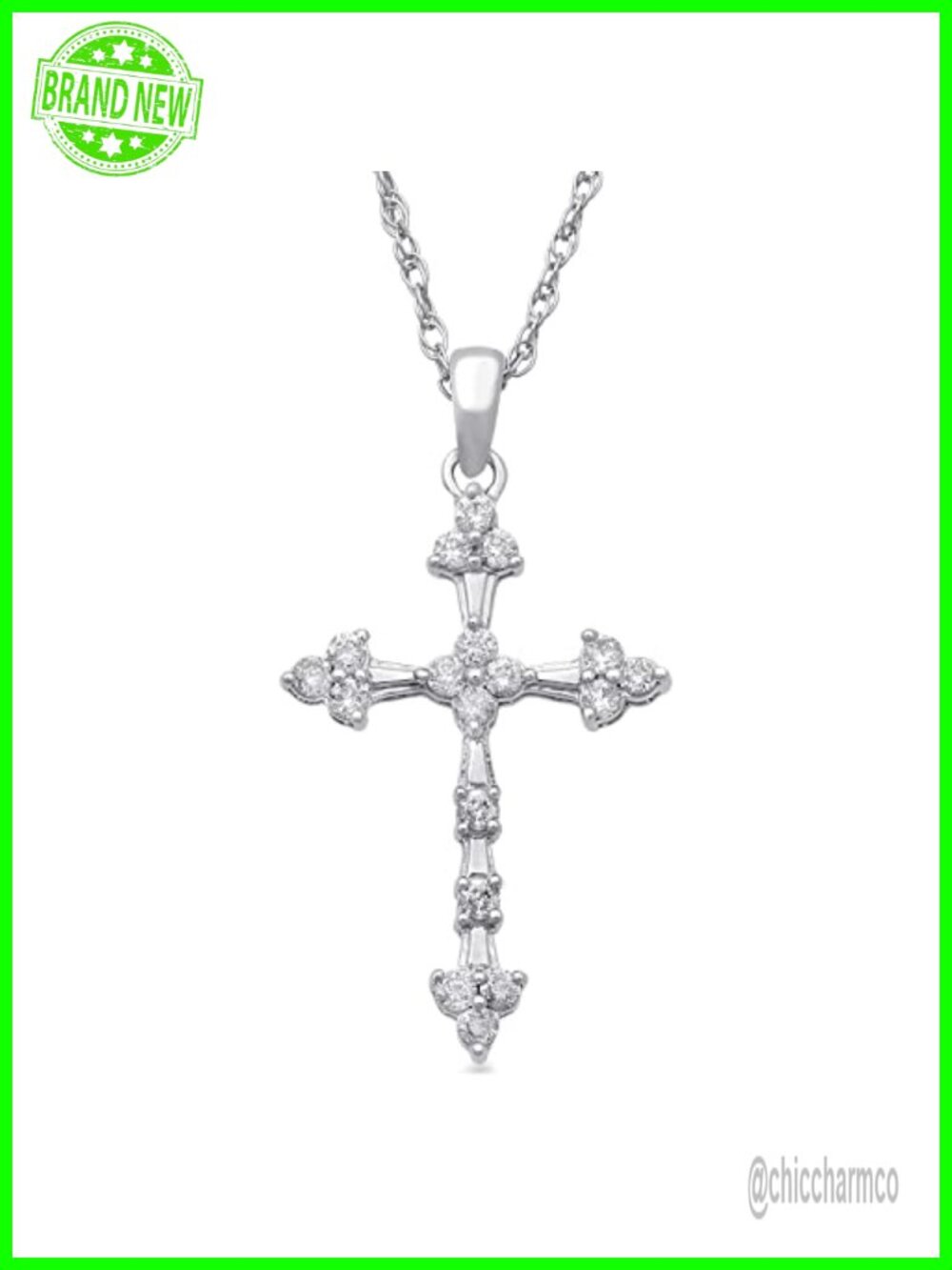 10K White Gold Diamond Cross Necklace 18" Rope Chain